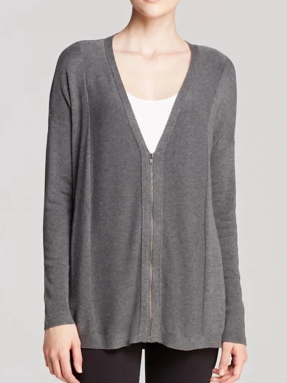 Eileen Fisher Viscose Stretch Knit Zip Long Sweater Cardigan Size Medium Cozy